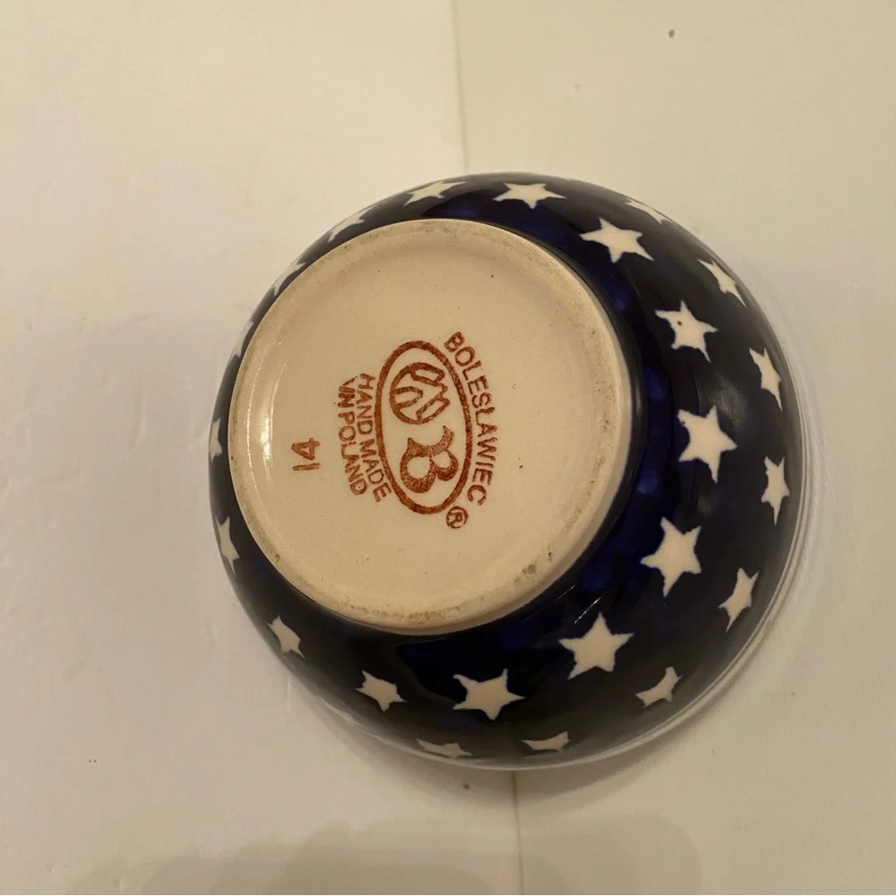 POLISH POTTERY BOWL BLUE WHITE STARS HANDMADE HOME DINING CEREAL FRUIT DINNER